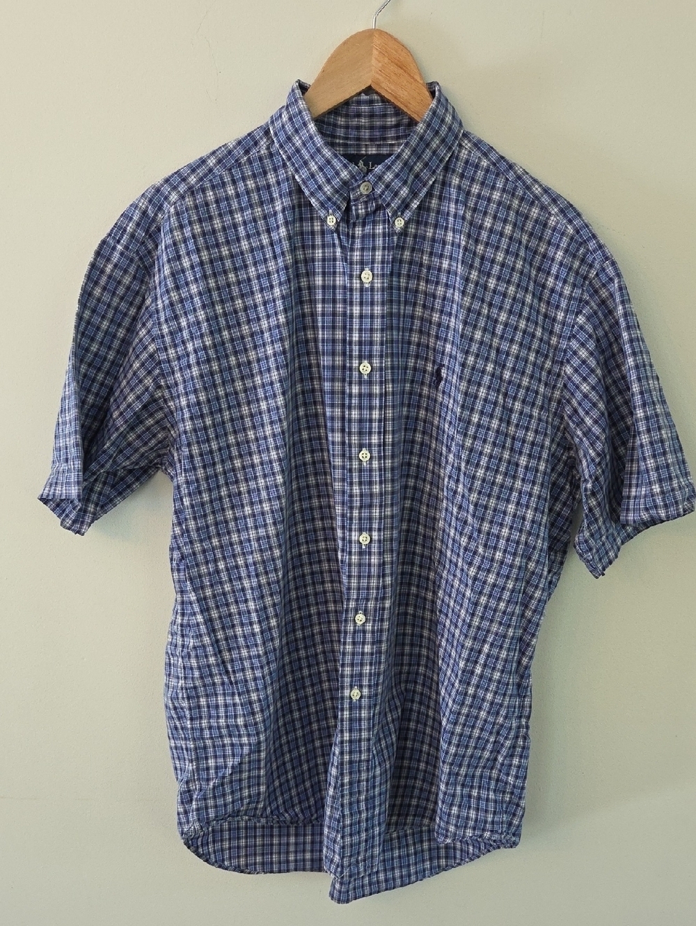 Ralph Lauren Blue Plaid Short-Sleeve Button-Down Shirt 100% Cotton
